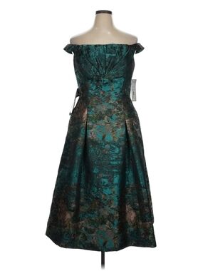 Kay Unger Off-Shoulder Teal and Black Jacquard Dress 16 NWT